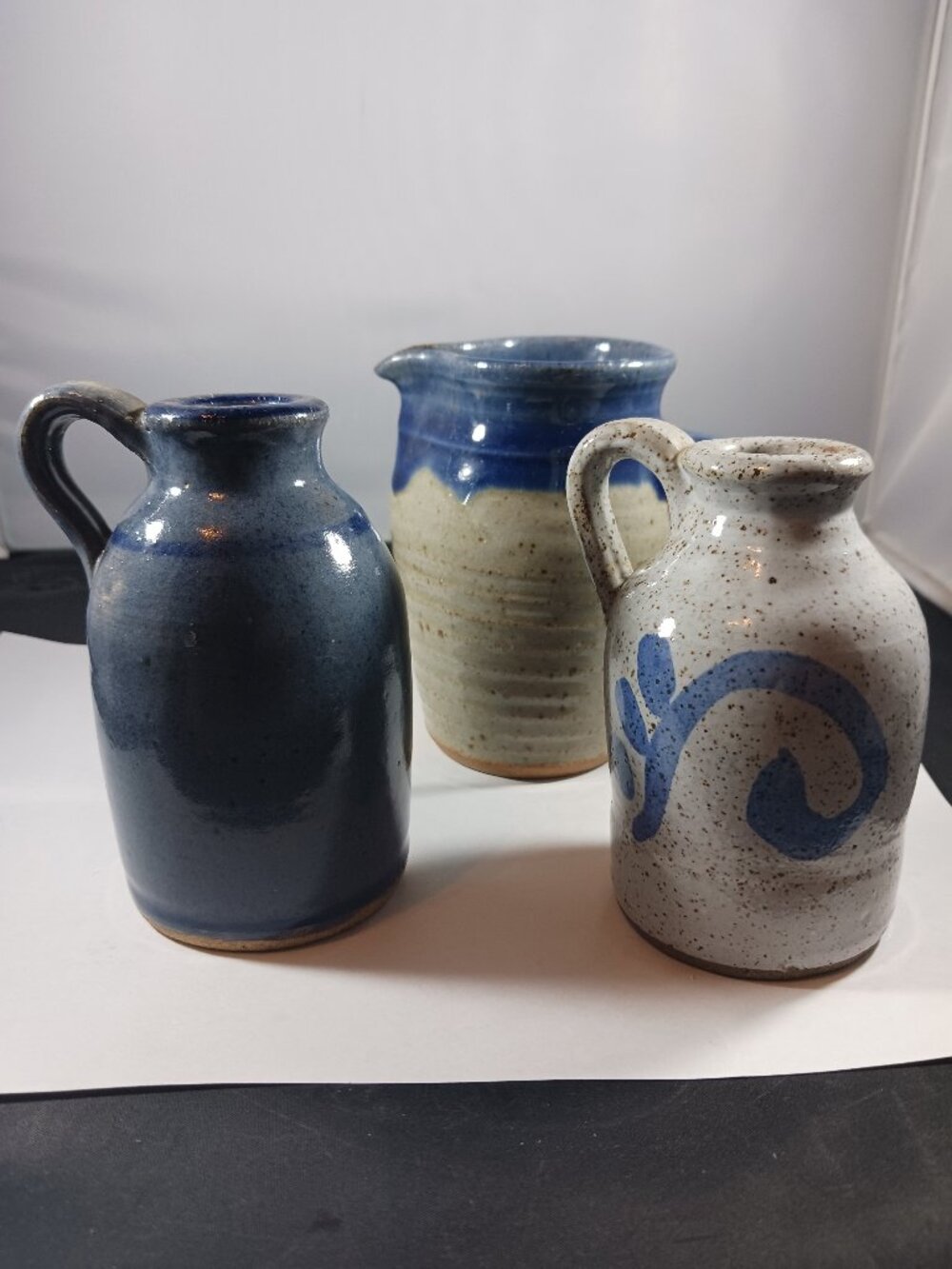 3pcs Vintage Stoneware Pottery Mini Jug Blue Salt Glaze